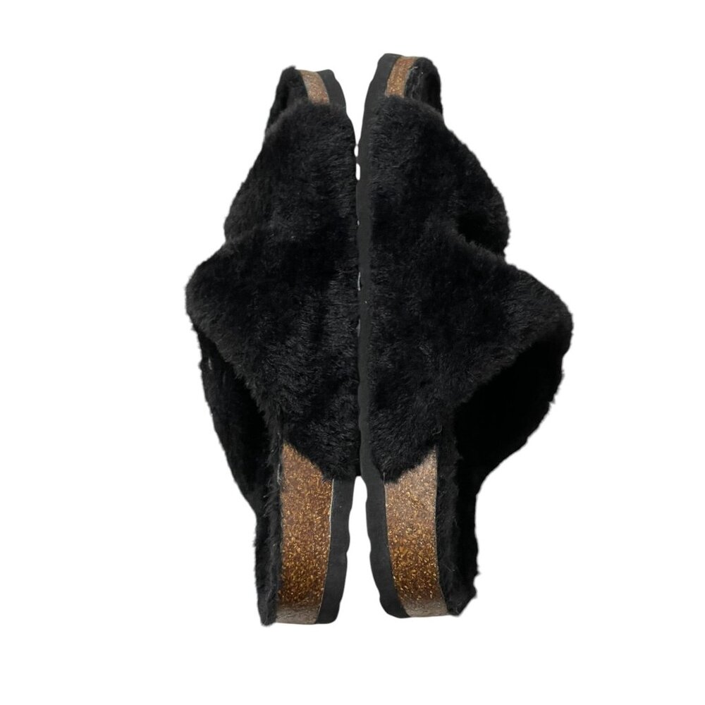 Black Faux Fur Double-Buckle Slide Sandals With Cork Sole - Womens Size 40 EU  9 - Picture 3 of 11